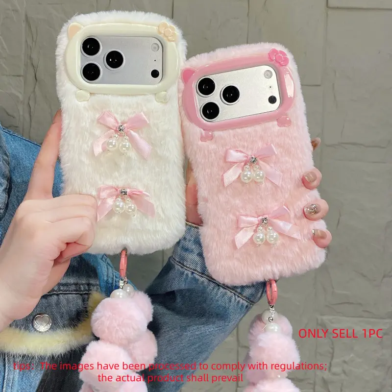 plush phone case decorated with double-layer bows and pearls, matched with detachable fluffy pearl lanyard, shockproof, Protective 3D bear camera frame, available in white and pink tones, compatible with iPhone 11/12/13/14/15 series