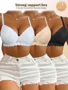 1/3PCSWomen Scalloped Floral Lace Bra with Side Support, Underwire Push Up Bra, Adjustable Thin Straps Light Lace Back Band, All-Day Comfort Inner Wear For Dating, Shopping & Party