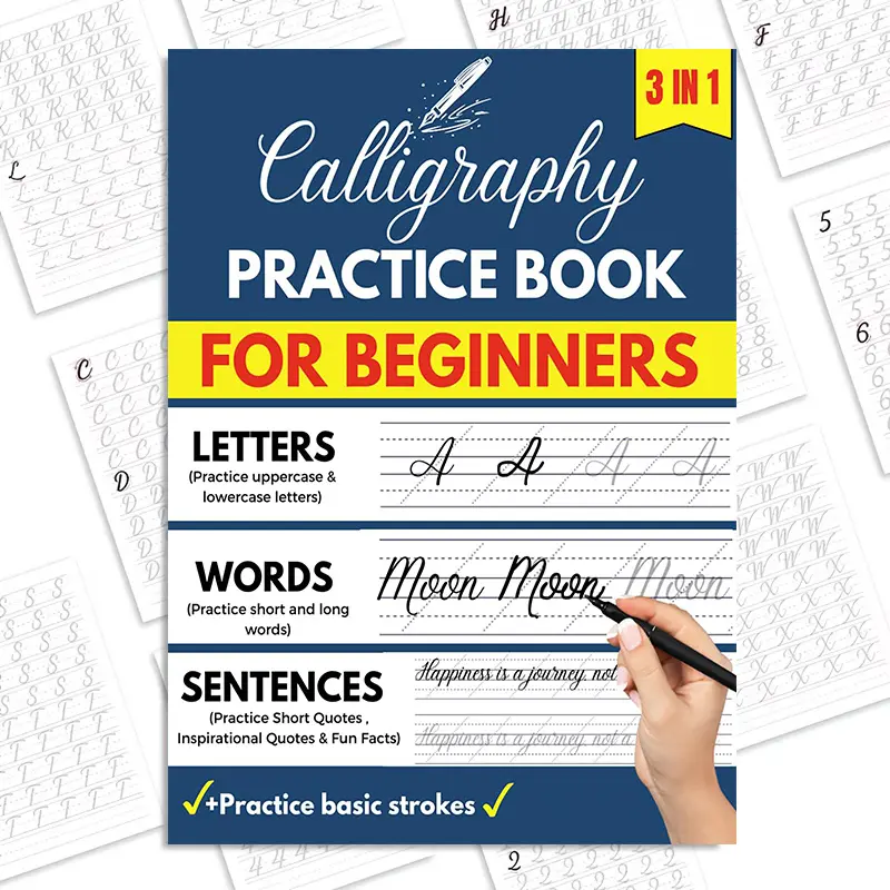 3-in-1 English Calligraphy Practice Workbook, Learning Materials for Beginners: Step-by-Step Training from Basic Strokes to Complete Sentences, Zero-Base Cursive Script Pen Control Training Copybook with Guided Line Tracing Pages