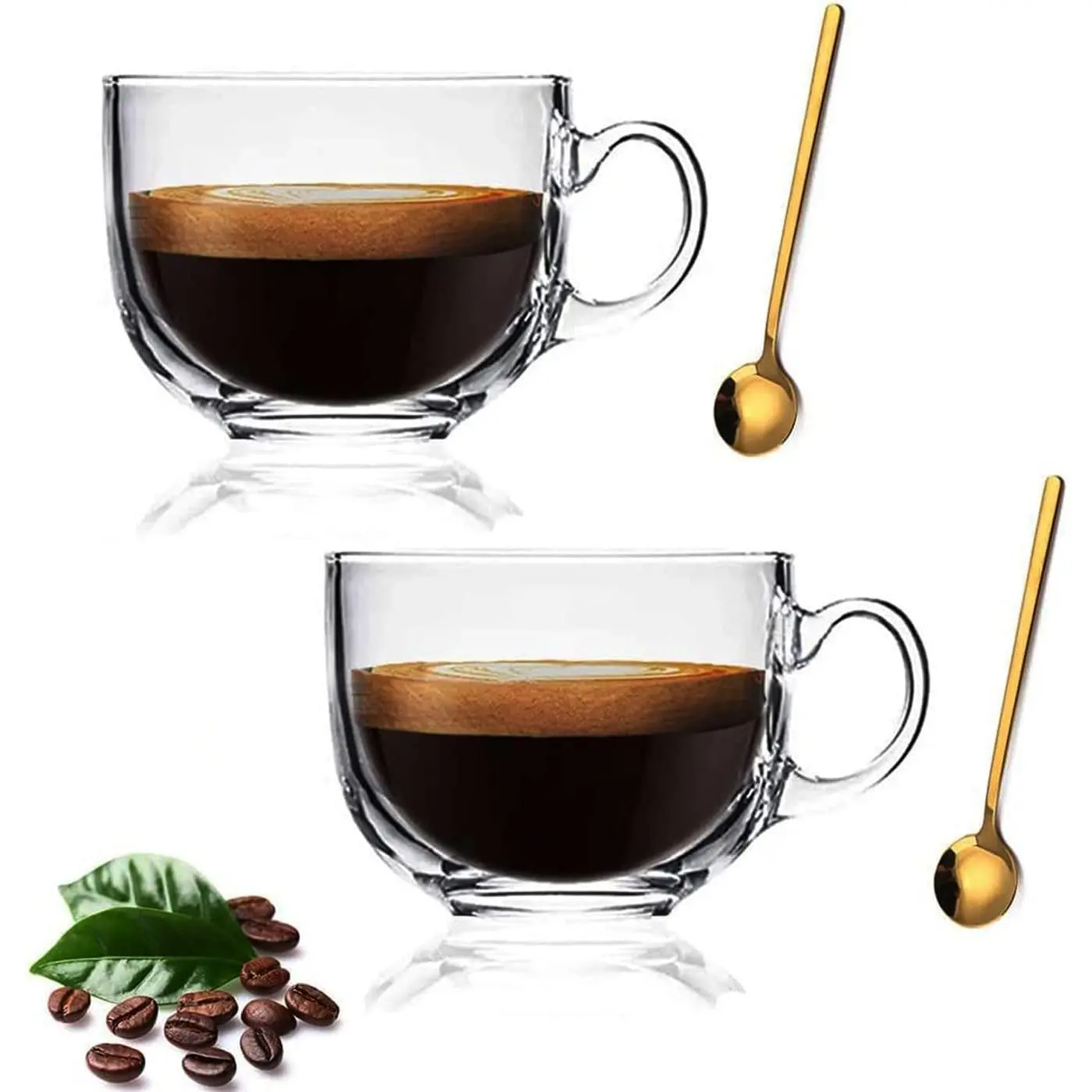 Large Clear Glass Coffee Mugs Set of 2,14.8 oz(440ml)-Wide Mouth  Cups with Handle and Spoon Transparent Drinking for Cappuccino Cups, Latte, Milk color 4 count