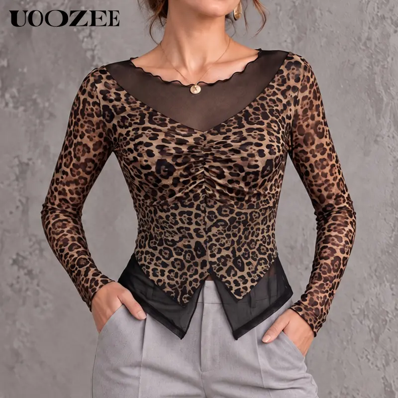 UOOZEE Women's Long Sleeve Leopard Print Mesh Blouse - Faux 2-Piece Slim Fit, Off-Shoulder Ruffle Trim, Sheer Breathable Lightweight Casual Fabric Autumn Winter Layering Undershirt
