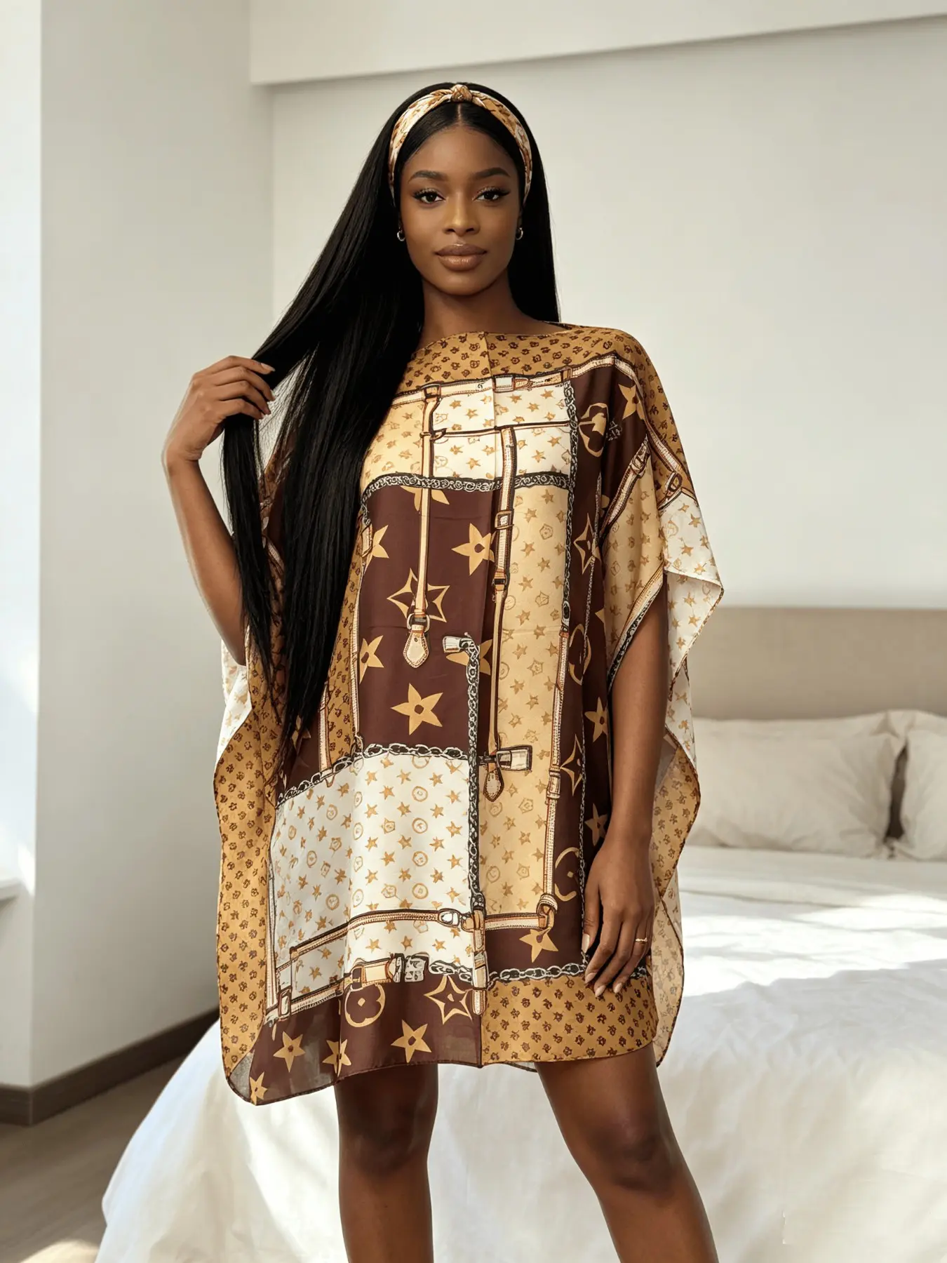 Women's Short Kaftan Casual Dress, Satin Silky Loose Batwing Cover Up, Bohemian Ethnic Print, Beach Kimono, Loungewear for Curvy Women
