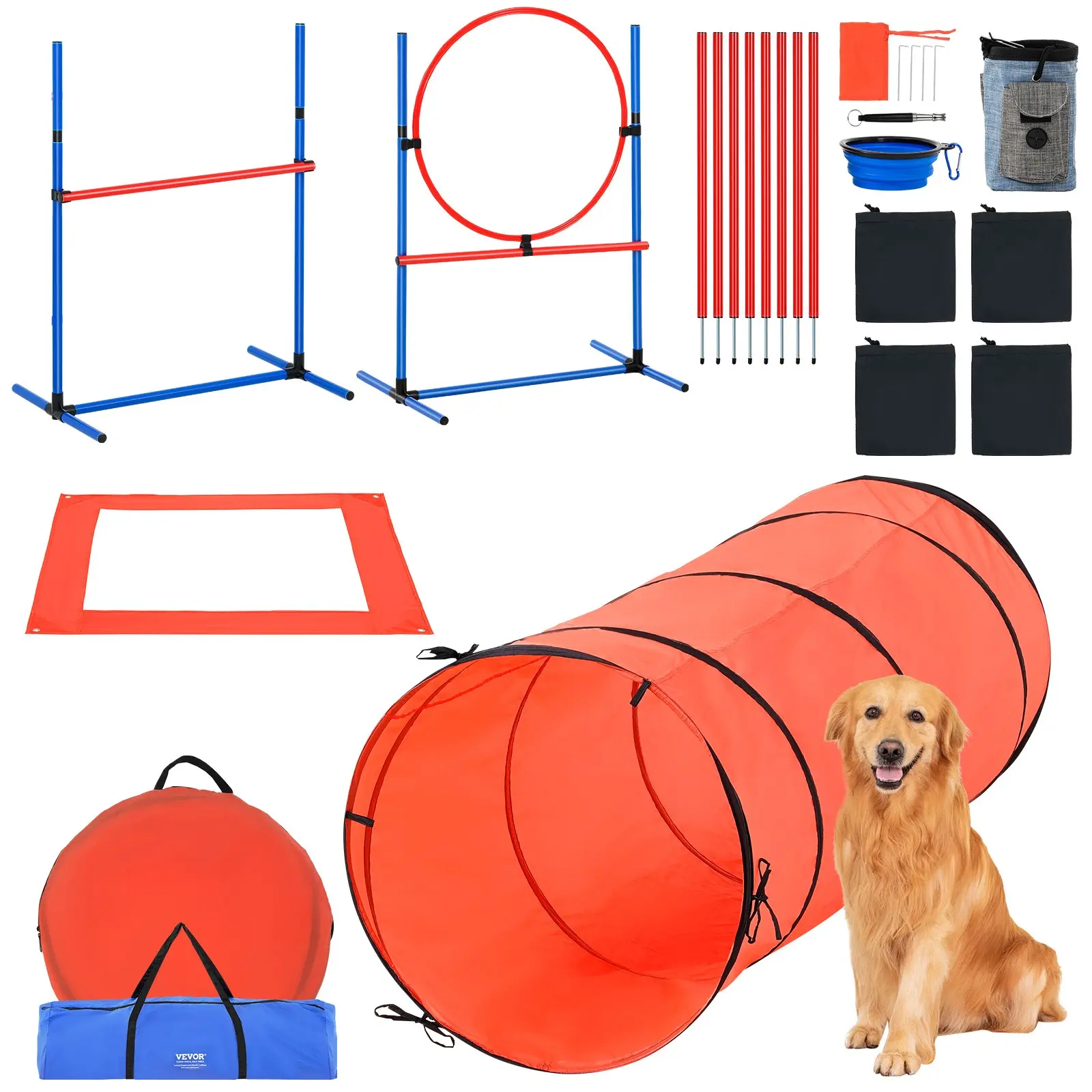【toolupgrade】VEVOR Agility Training Equipment Combination-5 PCS Complete Kit, Adjustable High Hurdles, 6 Weave Poles, Tunnel, Jump Ring, Pause Box, Whistle, Foldable Bowl, Puppy Obstacle Course with 2 Bags to Enhance Agility Improve Skills, Lightweight An