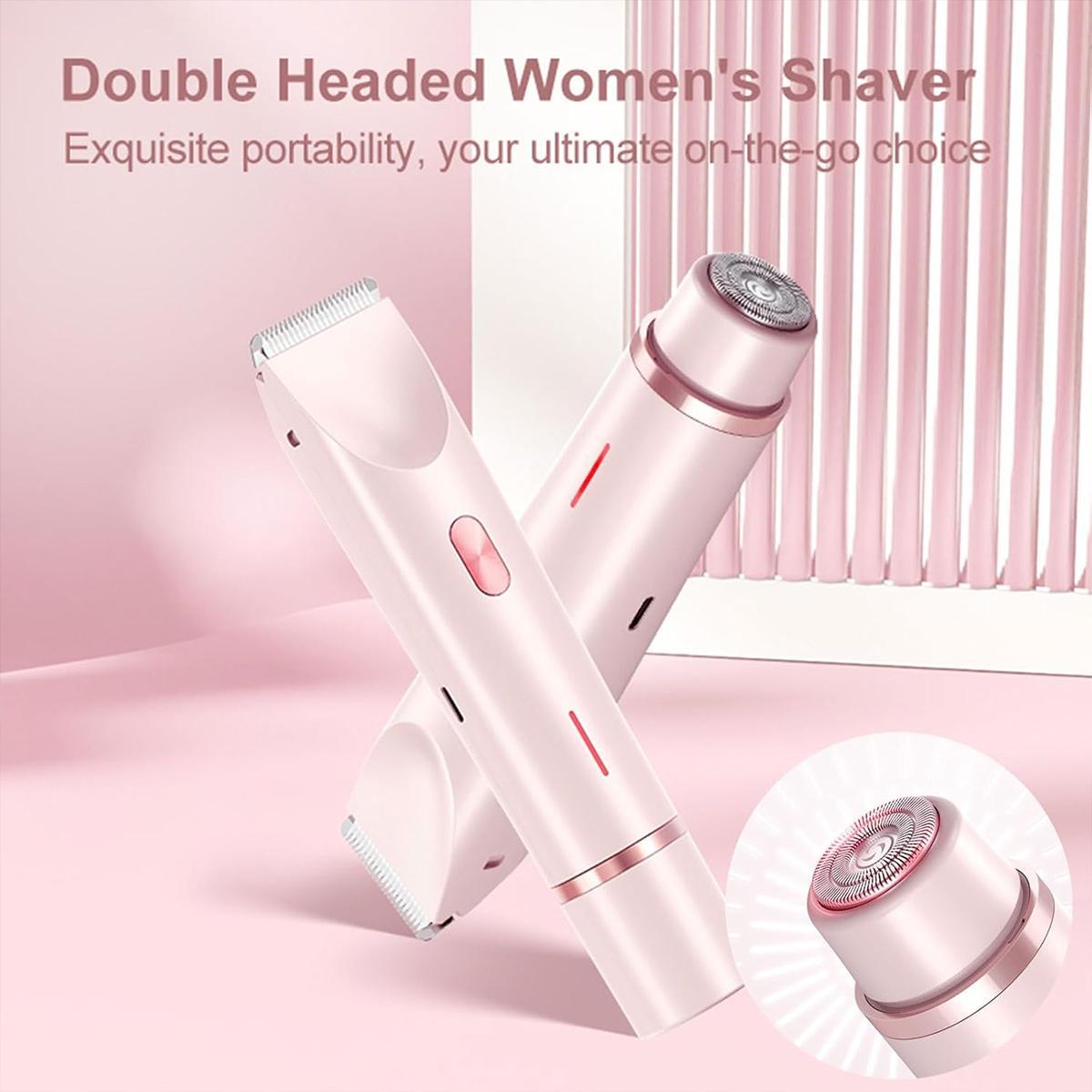 Bikini Trimmer for Women, Electric Shaver and Razor Rechargeable 2-in-1 Body and Facial Epilator, Dual Heads for Painless Trimming of Pubic Hair, Face, Underarms and Legs, Summer Gift
