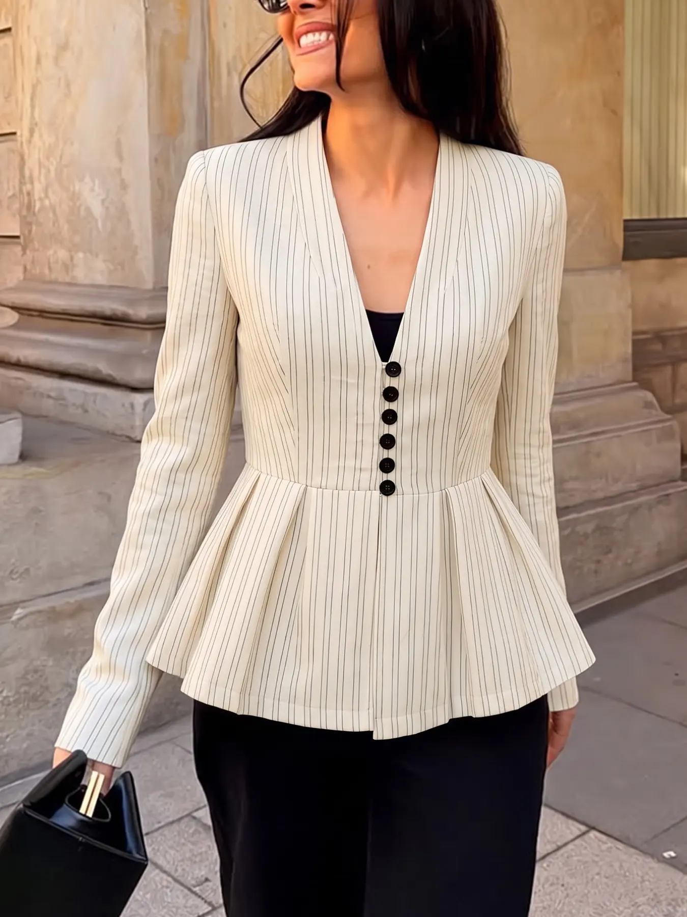 V Neck Vertical Stripe Waistcoat, Hem Ruffles Leaflet Design, Slim Fit Short Jacket Top, Chic Elegant Business Casual Wear