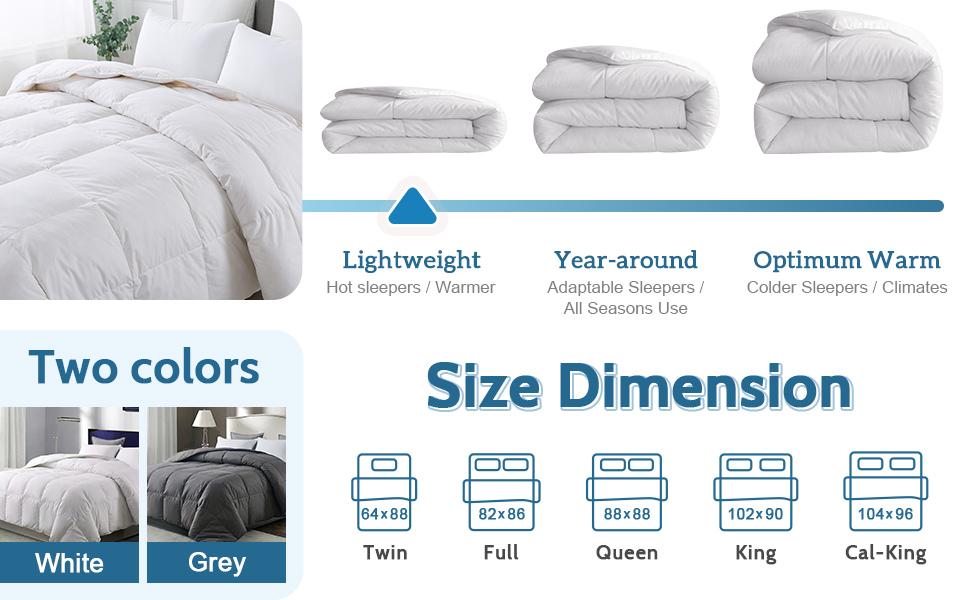 Queen Feather Comforter, Filled with Feather and Down, White Lightweight Duvet Insert - Luxurious Bed Blanket Comforter -100% Cotton Shell - Queen Size 88x88 Inch