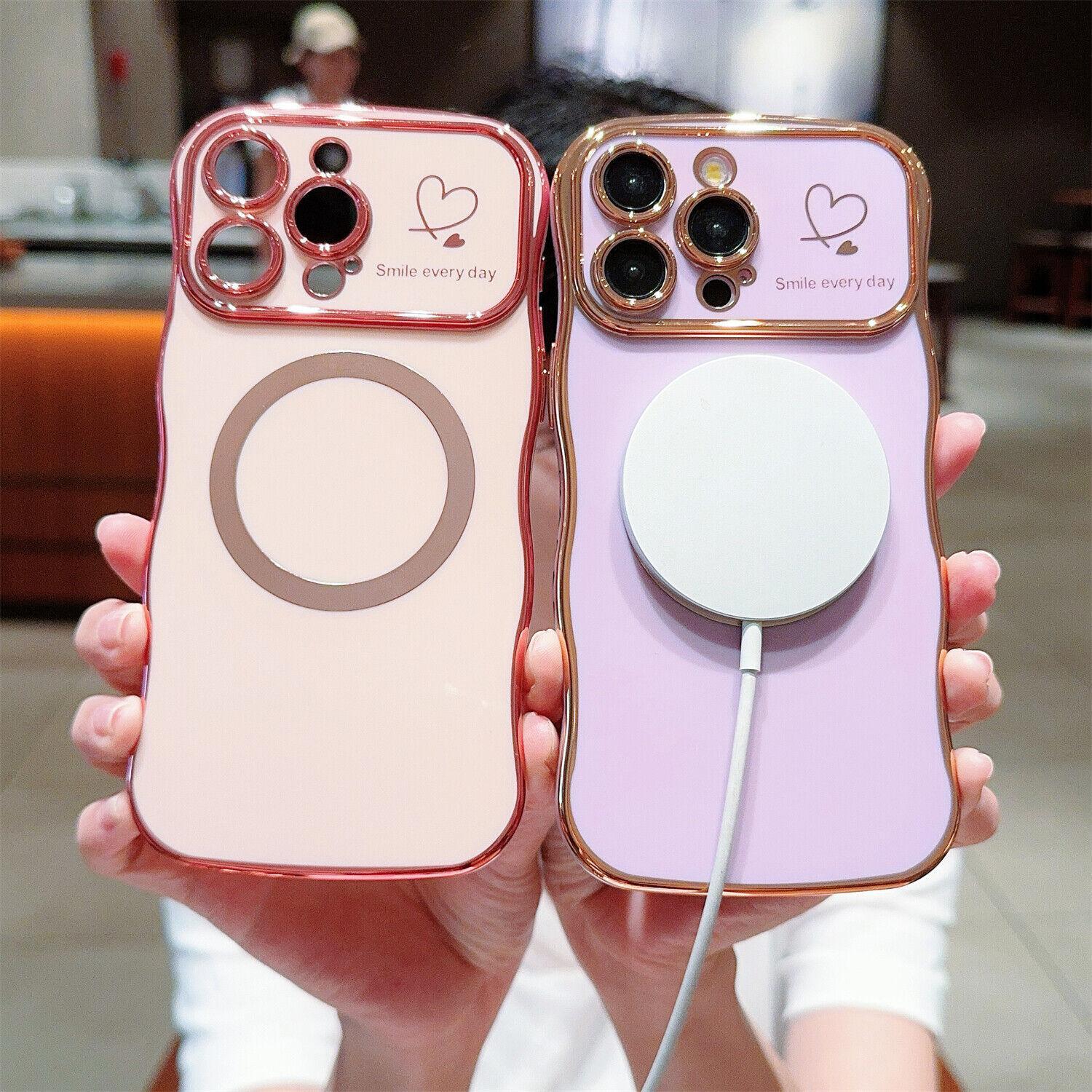 Luxury Plating Cute Heart Pattern Case for iPhone 17 Pro Max/17 Air 16/15/14/13 Cover Curly Wave Frame Fashionable for Women Girls Camera Protection Slim Shockproof Phone Case