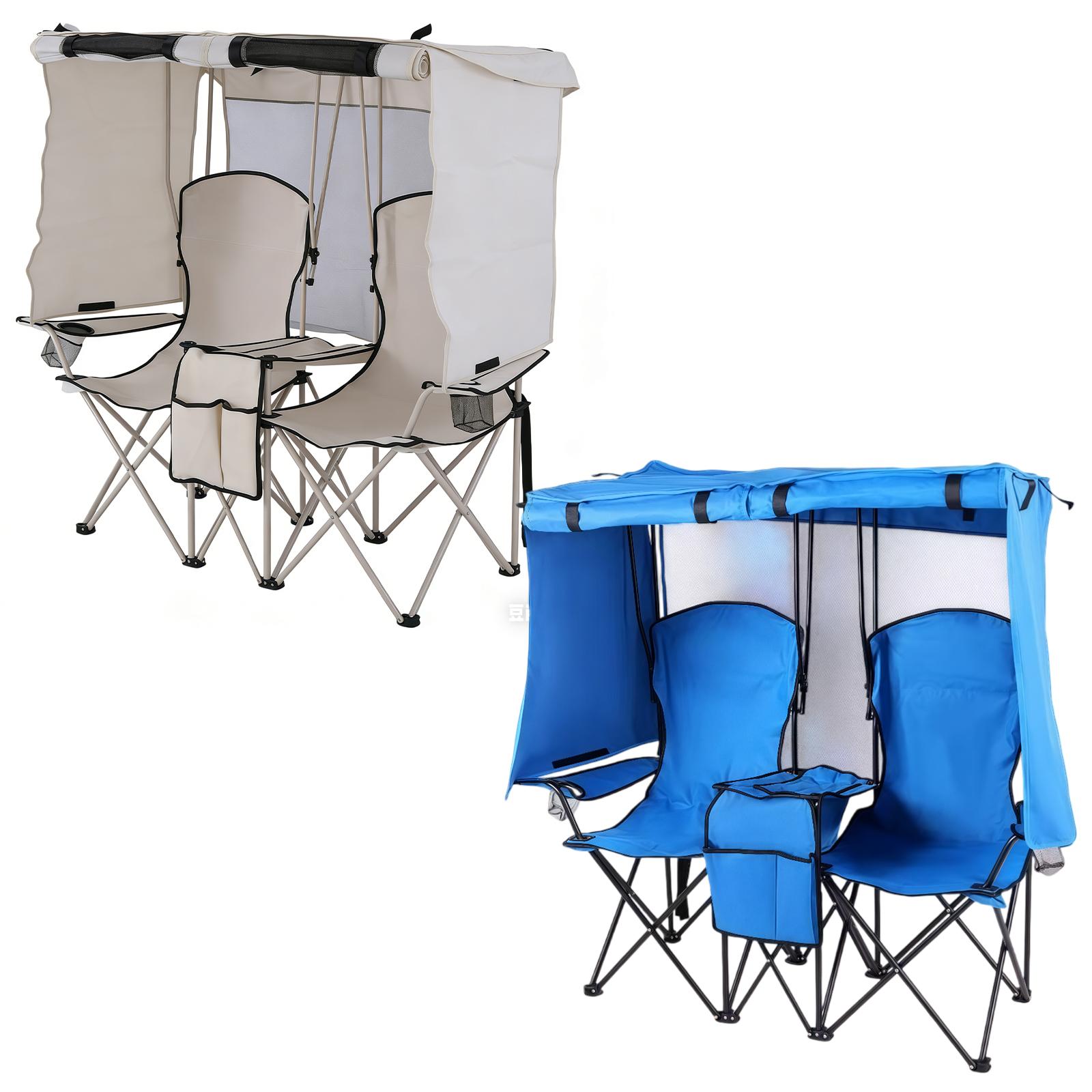 Folding Camping Two-Person Seat with Shade Canopy Portable Double Camping Chair with Cup Holder Cooler Bag Protection for Beach Fishing Camp Sports Event NEW