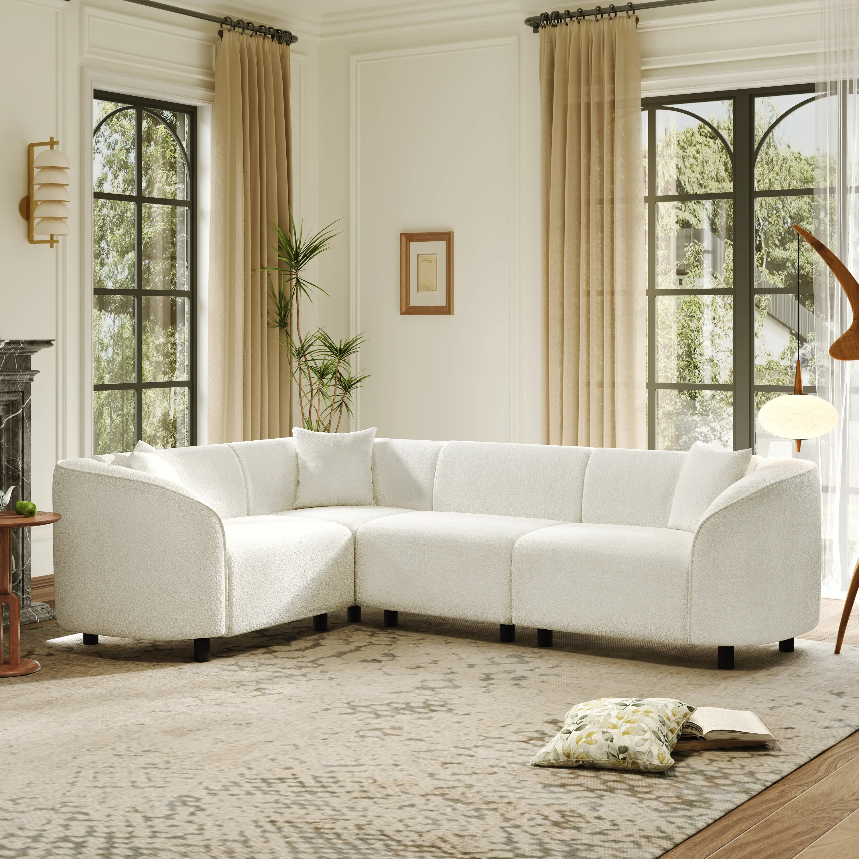 ARCH 104" L-Shaped Curved Sectional Sofa for Living Room, 4-Seater Bouclé Upholstery with Solid Wood Frame, Modern Contemporary Couch with Chaise Lounge, Beige/Brown/Camel Color Options, Large Corner Sofa Set, Boucle/Solid Wood Material