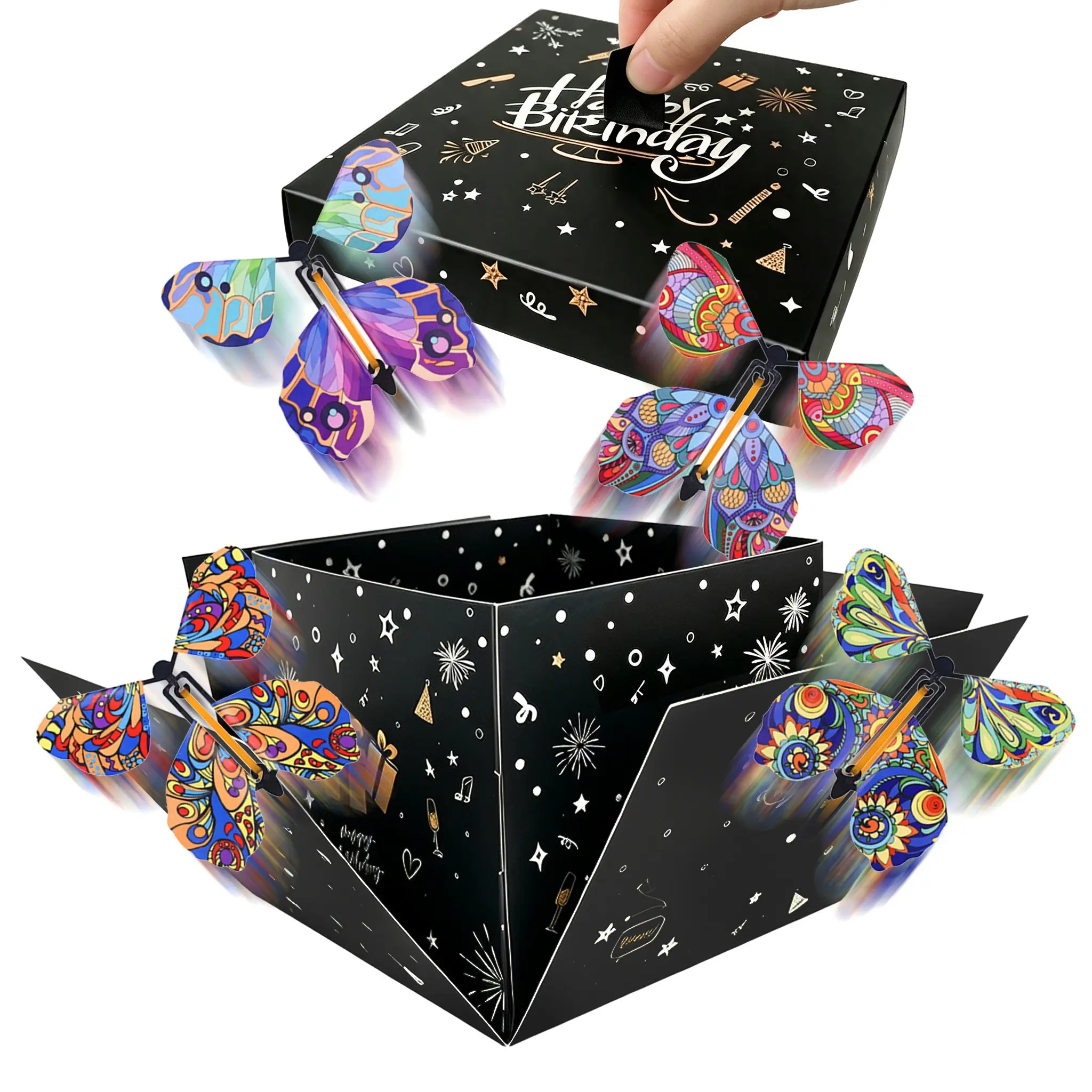 Birthday Butterfly Explosion Surprise Box, Elegant Reusable Paper, Includes Dual Layer Box, 4 Butterflies, Card, Ribbons