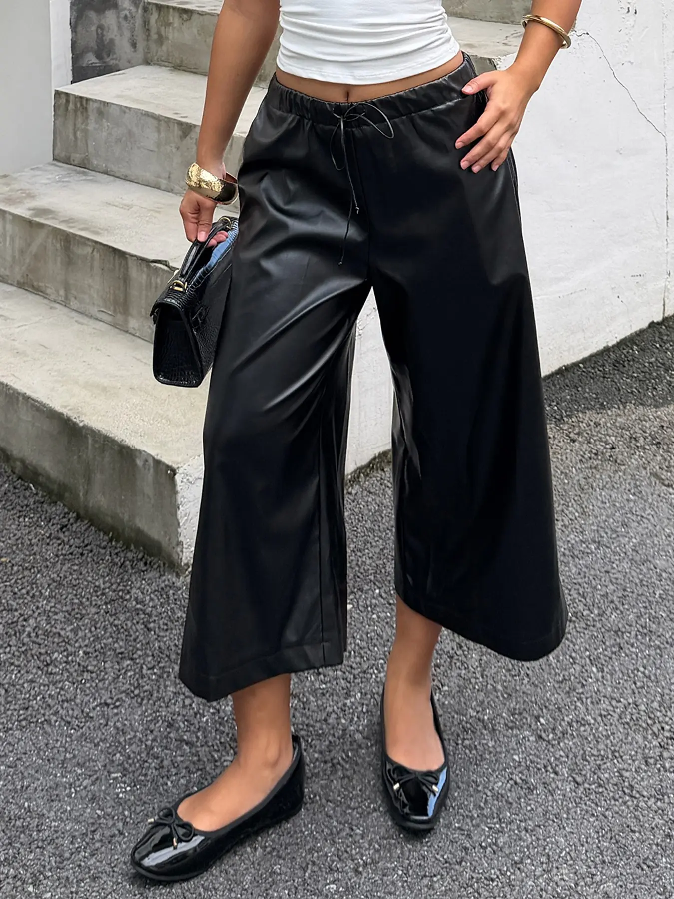 Women's Leather Wide Leg Pants, Drawstring Seven-Eighths Pants, Casual Streetwear Fashion, Comfortable and Stylish