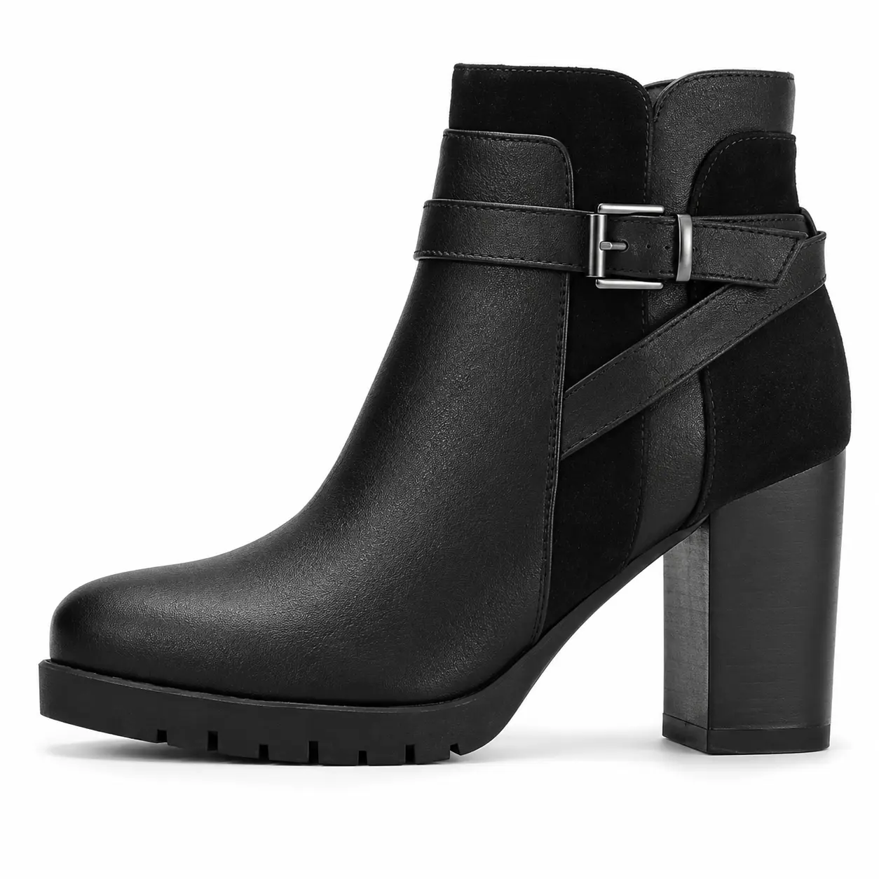 Women's Black-PU Chunky Block Heel Ankle Boots - Buckle Strap, Platform, Non-Slip, Side Zip Chelsea Booties for Fall Winter Fashion