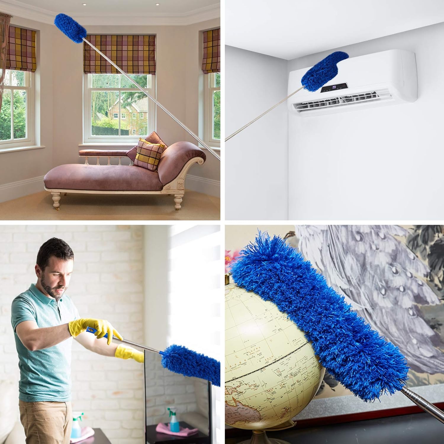 Cobweb Duster with Extension Pole, Washable Cleaning Duster Kit with 2 Duster Heads, Cobweb Duster, Corner Brush,  Telescoping Pole for Ceiling Fan (Blue)