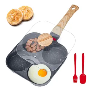 VEVOR Egg Pan, 4-Cup Nonstick Egg Frying Pan, Aluminum Breakfast Omelette Skillet for Pancakes, Hamburgers, Sandwiches, with Lid, Oil Brush, Scraper, Compatible with Gas Stove Induction Cookware