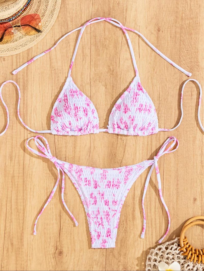 Two-Piece Set Women's Leopard Print Textured Bikinis Set, Casual Halter Triangle Bra & Tie Side Panty, Summer Beach Holiday Vacation Swimwear Set for Women, Tie Back Bikini, Halter Bikini Swimsuit