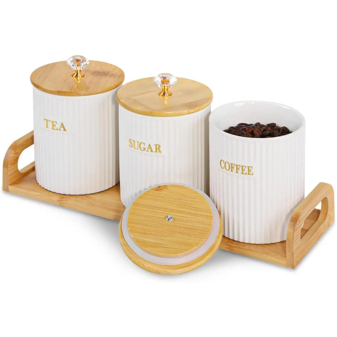 Ceramic Storage Canister for Coffee Sugar  Set of 3, Kitchen Pantry Container with   and Tray, White  Storage Jars for Dining Table, Ceramic Canister Set for Cereal, Snacks