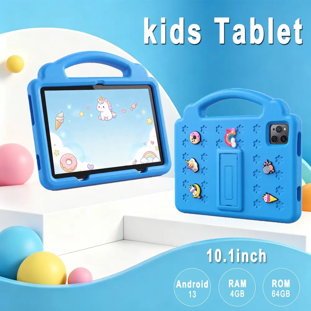 Kids Tablet 10.1 Inch Android 13 for Kids, 4GB RAM 64GB ROM Toddler Tablet, Shockproof EVA Protective Case with Handle & Stand, Educational Learning Gaming Tablet for Boys Girls, Parental Control, Kid‑Friendly UI for Study Play Home Entertainment