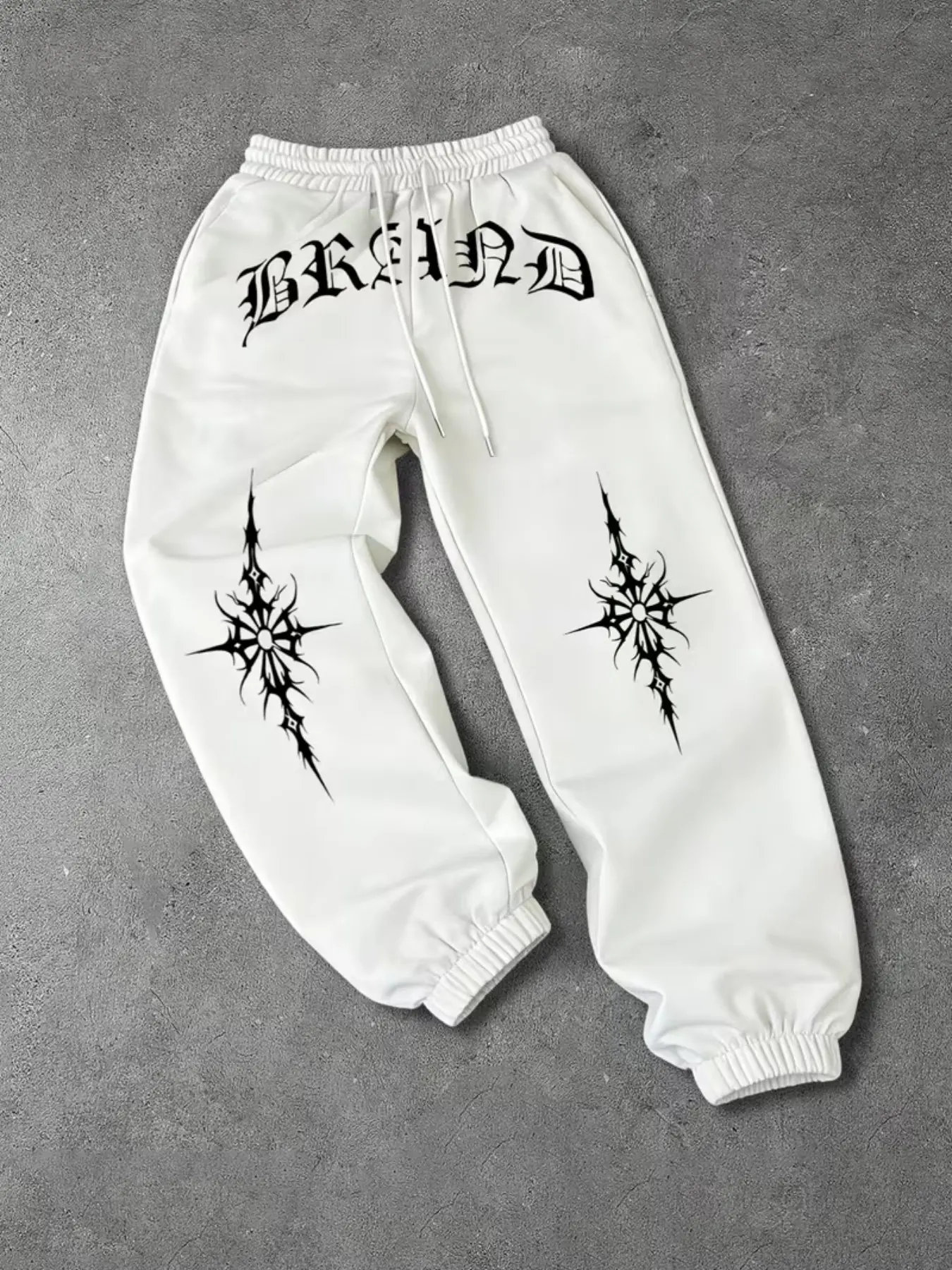 Men's Gothic Style Drawstring High-Waist Pants, Thorn Star Totem Print, Loose-Fit Joggers, Spring & Fall Casual Streetwear, Autumn Casual Pants