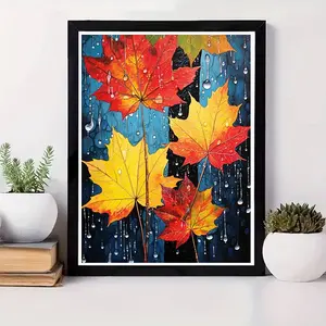 A 2D flat frameless hand-made DIY diamond painting set Realistic style maple leaf with water drop decoration Bright red yellow green gradient Suitable for living room bedroom wall decoration