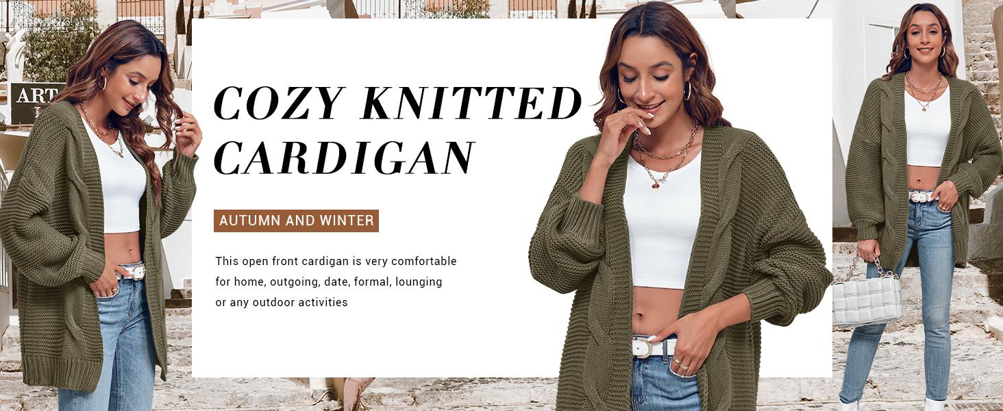 Saodimallsu Women's Open Front Chunky Knit Cardigan Loose Lantern Sleeve Oversized Sweater Coats SpringStatements