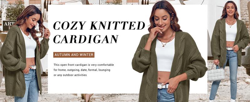 Saodimallsu Women's Open Front Chunky Knit Cardigan Loose Lantern Sleeve Oversized Sweater Coats