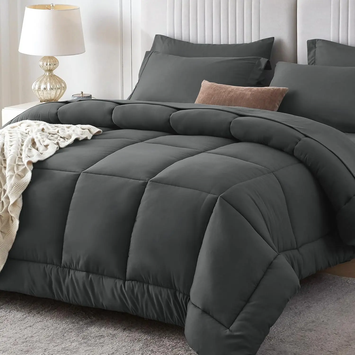 Queen Comforter Set , All-Season Bed in a Bag, Dark Grey |   Complete Bedding Set includes Comforter, Sheets, Pillowcases and Shams, Down Alternative, OEKO-TEX Certified