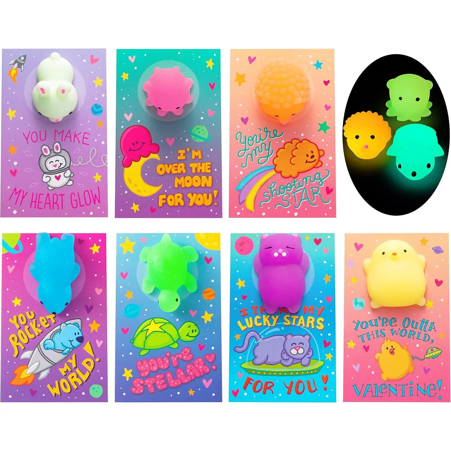 28 Pack Valentines Day Gift Cards with Cute Kawaii Mochi Squishy Toy to Squeeze, Glow in The Dark Stress Relief Fidget Toy  Kids, Classroom Exchange Prizes Valentine Party Favor Toys