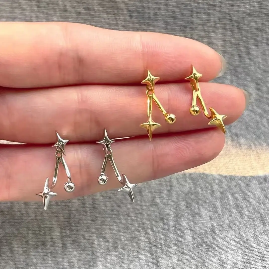 Dainty Four-Point Star Ear Jacket Drop Earrings In Gold & Silver Tone, Inlaid Sparkling CZ Stones, Long-Lasting Celestial Fashion Jewelry for Daily Outfits, Weddings and Festivals, Lovely Luxury Gift For Girls & Women