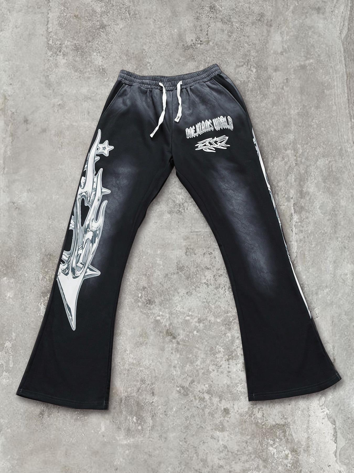 Men's Regular Fit Graphic Print Drawstring Waist Sweatpants, Street Fashion Casual Pocket Trousers for Daily Wear, Men's Bottoms for All Seasons, Flare Leg Pants, Casual Streetwear Trousers, Casual Street Style