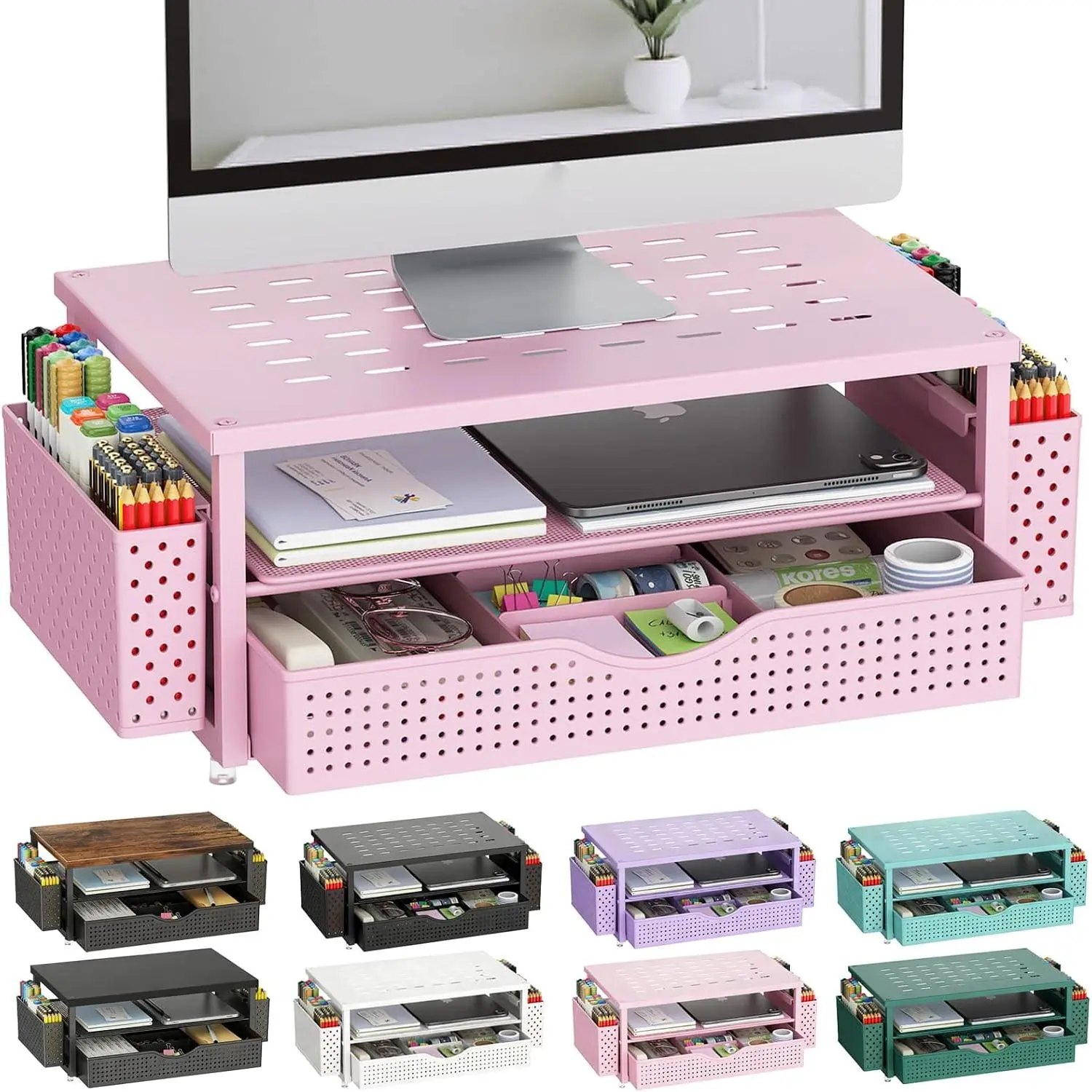 Desk Organizers and Accessories, Monitor Stand with Drawer and 2 Pen Holder, Desktop Organizer Suitable for Offices and Dormitories (Pink)