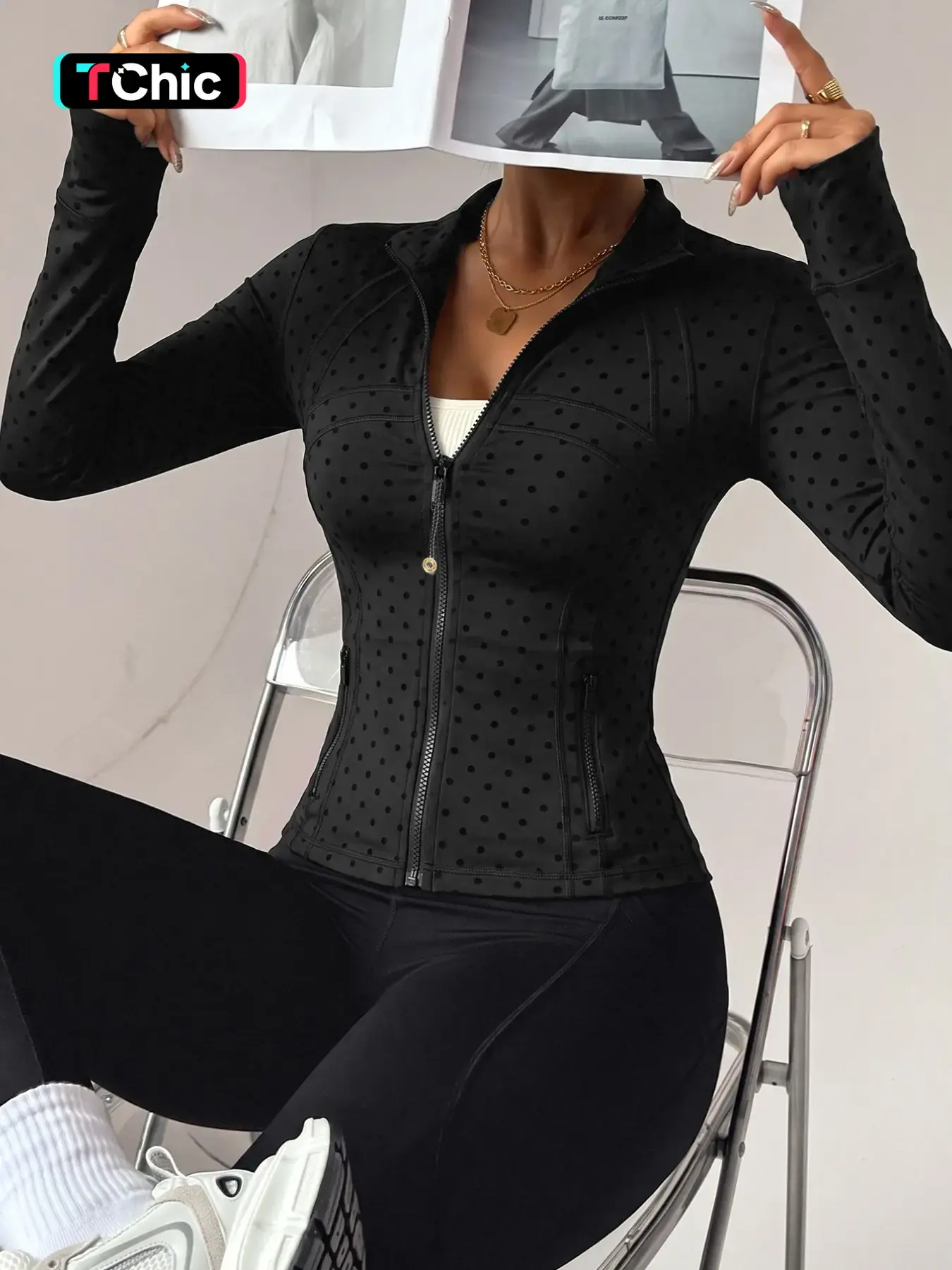 Fashion Polka Dot Print Women's Running Fitness Sport Jacket, Stretch Slim Fit Yoga Long Sleeve Top, Outdoor Running Training Zipper Coat