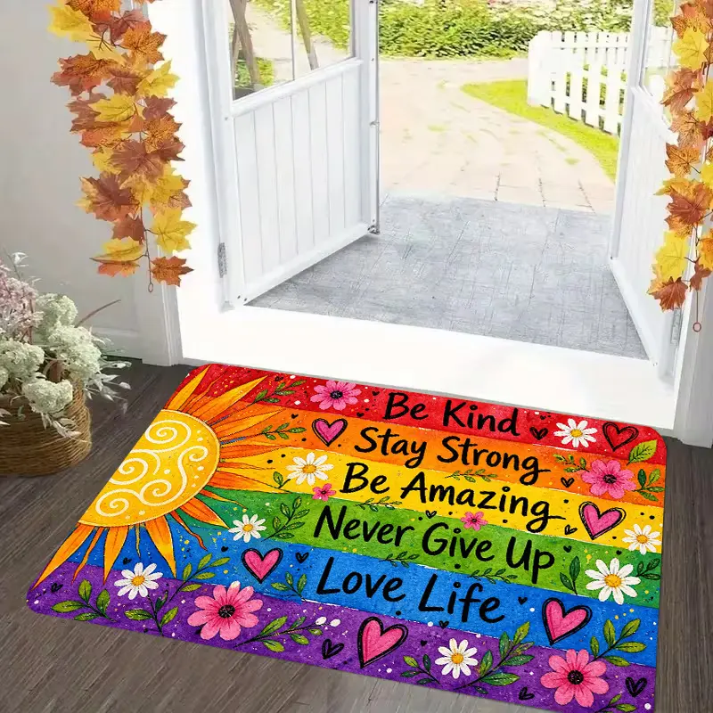 Flannel Floor Mat 1pc 2D Flat Printing, flannel material door mat, Outdoor Courtyard Door Mat, rainbow floral inspirational slogan indoor floor mat, colorful, machine washable carpet, suitable for home decoration, entrance, hall, bathroom, and balcony