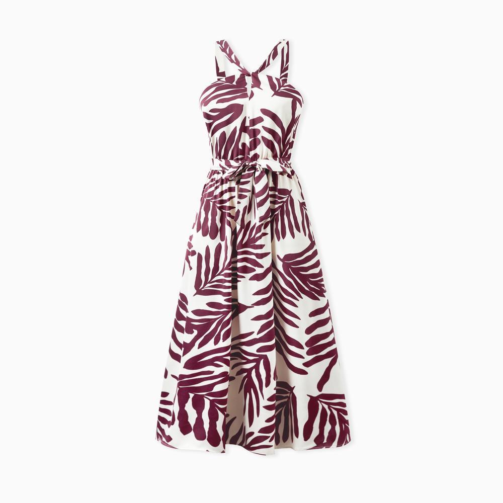 PatPat Family Matching Outfits Red Leaf Print Shirts and Strap Belted Dress for Hawaii/Cruise/Resort/Casual Wear
