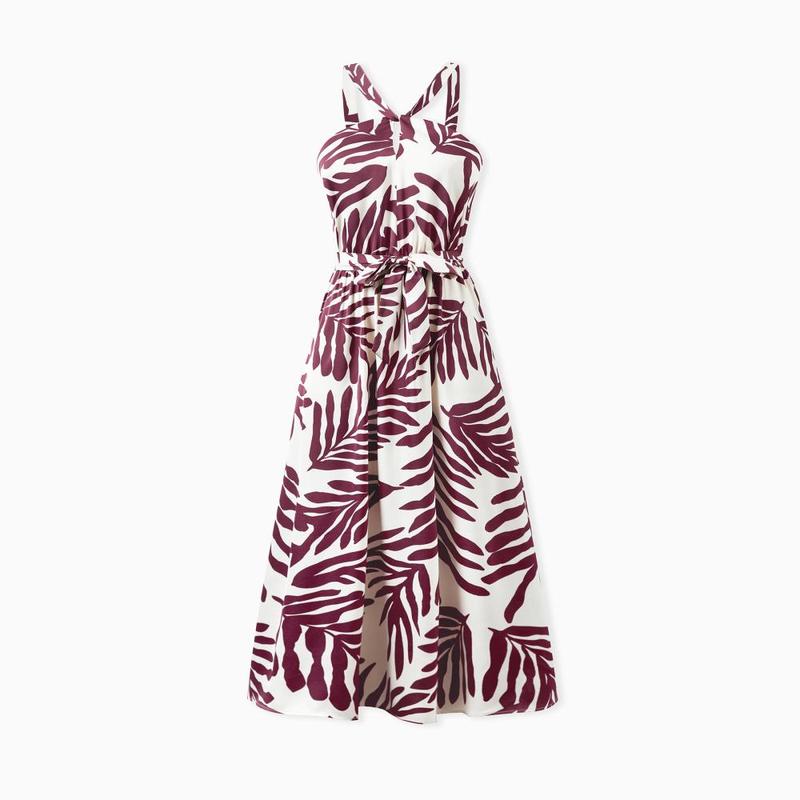 PatPat Family Matching Outfits Red Leaf Print Shirts and Strap Belted Dress for Hawaii/Cruise/Resort/Casual Wear