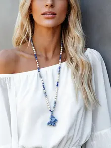 Blue Crystal Mix Stone Butterfly Mala Necklace, Vintage Bohemian Handmade Wrap, Long Necklaces for Ladies, Casual Layered Accessory