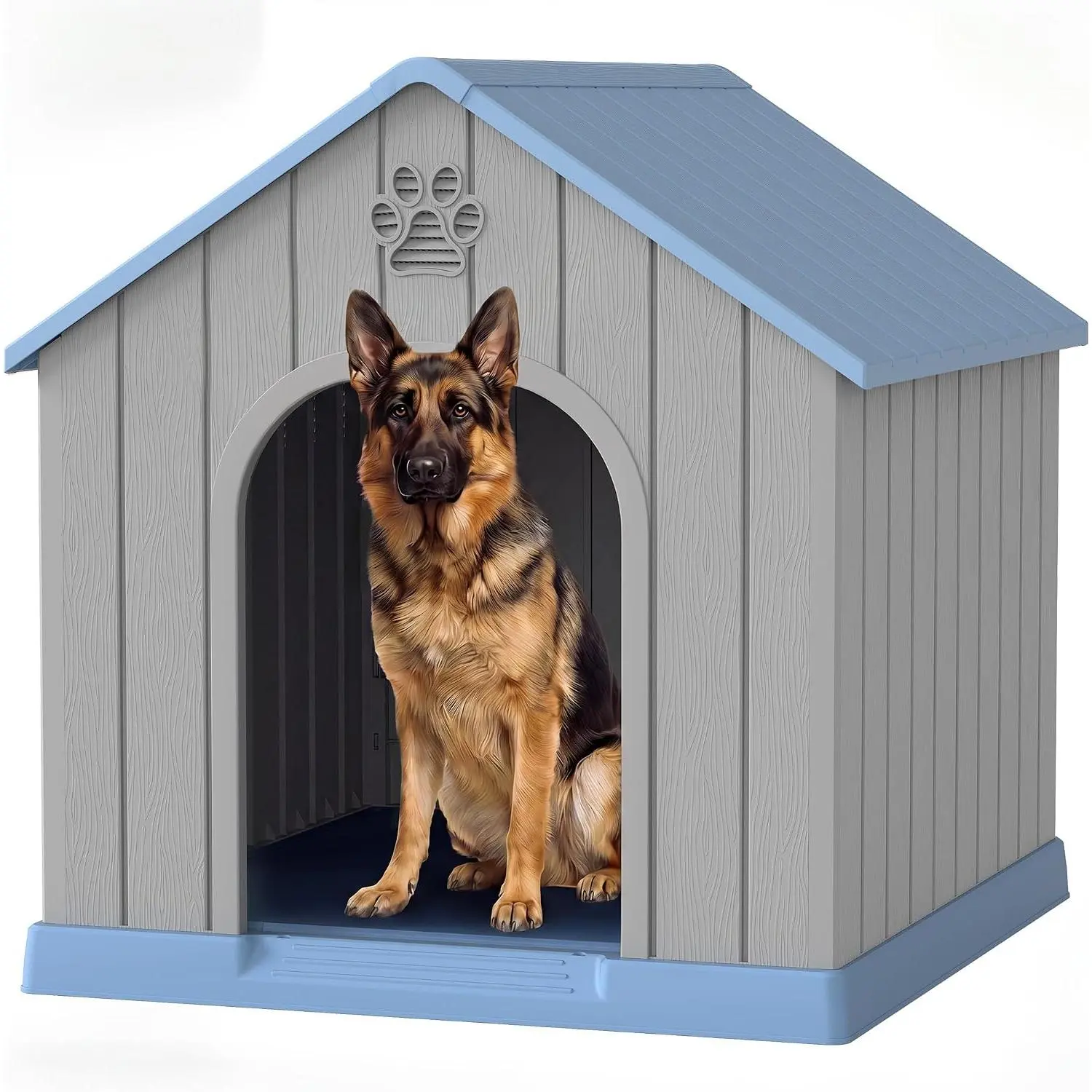 Fancyango Large Plastic Waterproof Dog House for Medium-Large Dogs, Indoor/Outdoor Use, Sturdy Build, Air Vents, Elevated Floor, Easy to Clean & Assemble (Blue, 36.2"L x 38"W x 38"H)