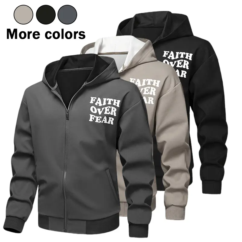 Men Full Zip Up Hoodie Jacket, Faith Over Fear Letter Print Hooded Sweatshirt, EU Size Casual Sports Loose Fit Long‑Sleeve Hooded Coat, Fashion Versatile Outerwear for Spring Autumn Daily Street Wear