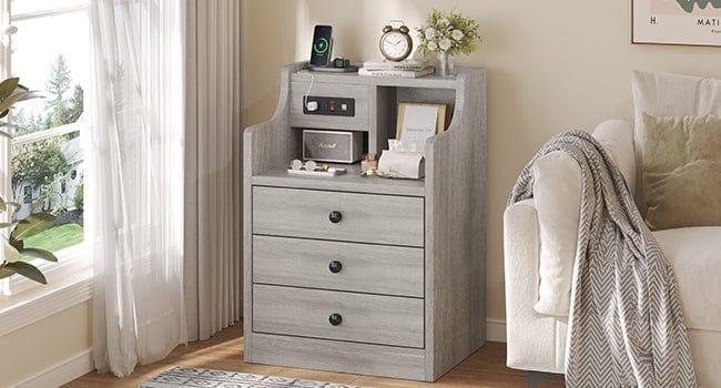 Sikaic Grey Nightstand with 3 Drawers & Charging Station Modern Bedside Table 2 USB Ports 2 Outlets for Phones Tablets Ideal for Bedroom Essentials