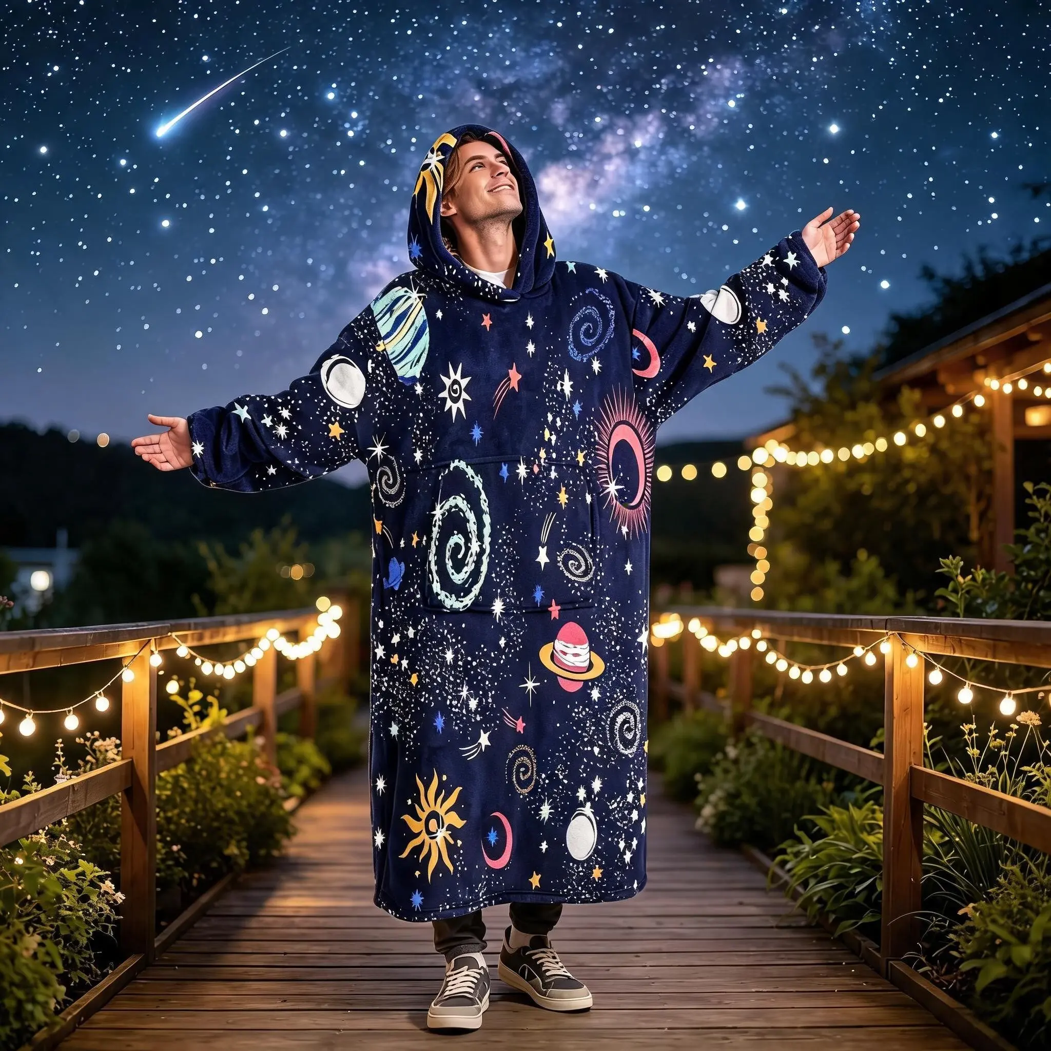 1pc Flannel Hooded Wearable Blanket, Dreamy Galaxy Starry Print, Cool Sci-Fi Style, Long Sleeve Large Pocket, Teen Boys Gift
