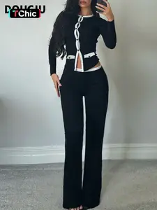 DOUCIU Autumn French Intellectual Elegance Commuting Business Attire Clothes Casual Versatile Simple Women's Thin Contrast Color Button Cardigan Long-Sleeved Top & Trousers Two-Piece Set, Lady