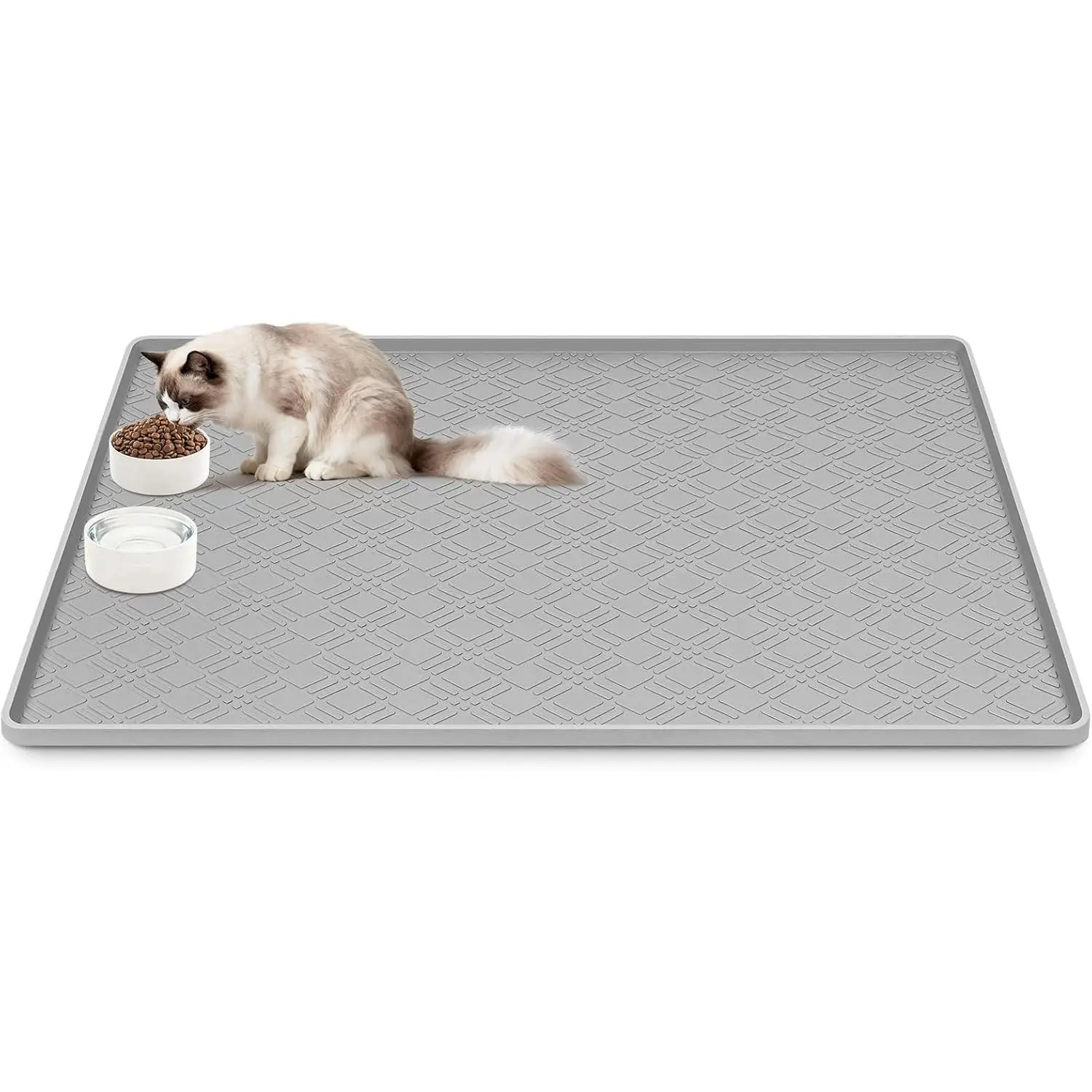 Cat Food Mat, 42" x 29" Large Silicone Mat Cat Feeding Mat with Raised Edge Non-Slip Pet Feeding Mat for Food and Water Bowl, Easy to Clean, Floor Protection (Light Gray)