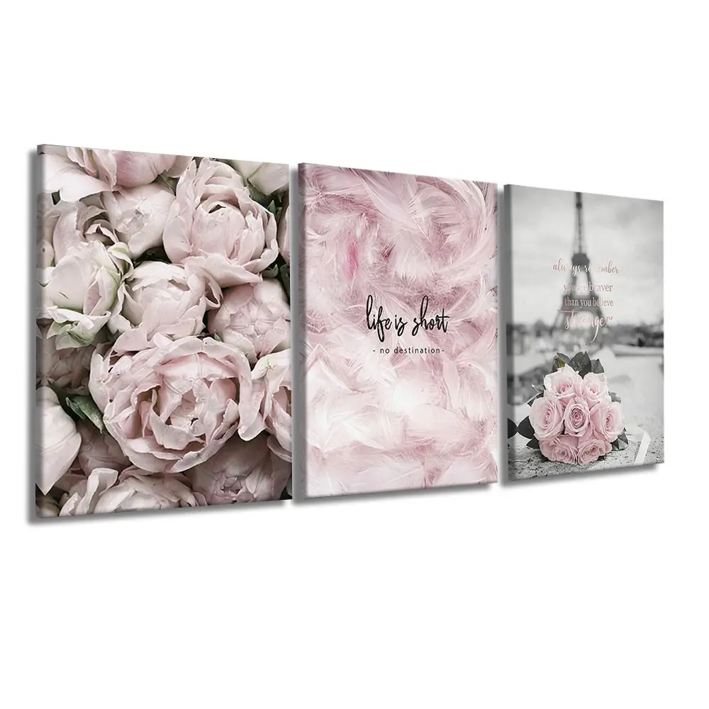 3-Panel Wooden-Framed Canvas Wall Art, Pink Peony, Feather & Eiffel Tower Romantic Floral Print, HD Canvas Prints, Sweet Wall Decor For Bedroom, Apartment, Modern Home Art, Lady Decor Gift