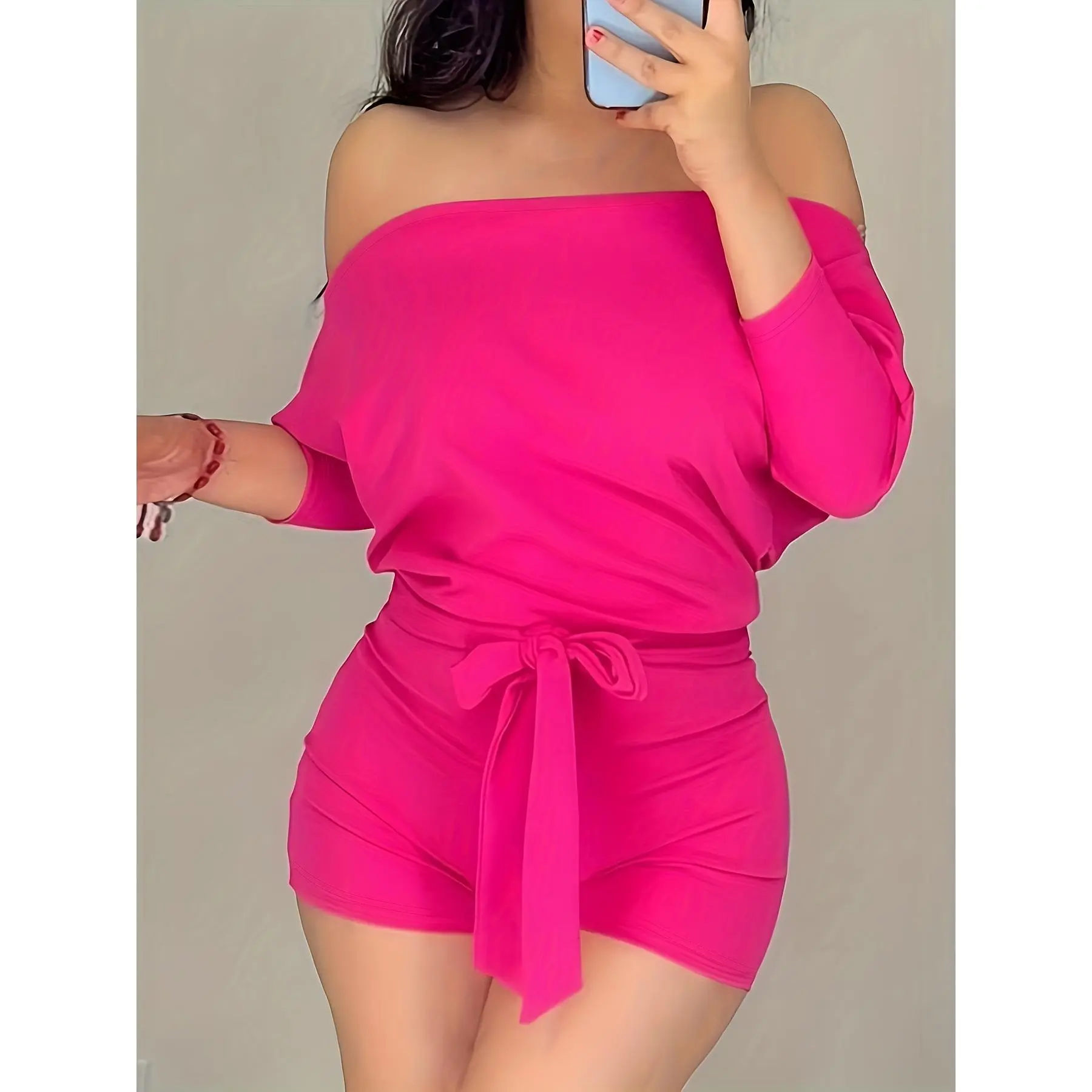 Women's Solid Color Casual Batwing Sleeve Jumpsuit Shorts, Polyester-Elastane, Off Shoulder Pull-On Strapless Jumpsuits & Rompers, Strapless One-Piece Jumpsuits & Rompers