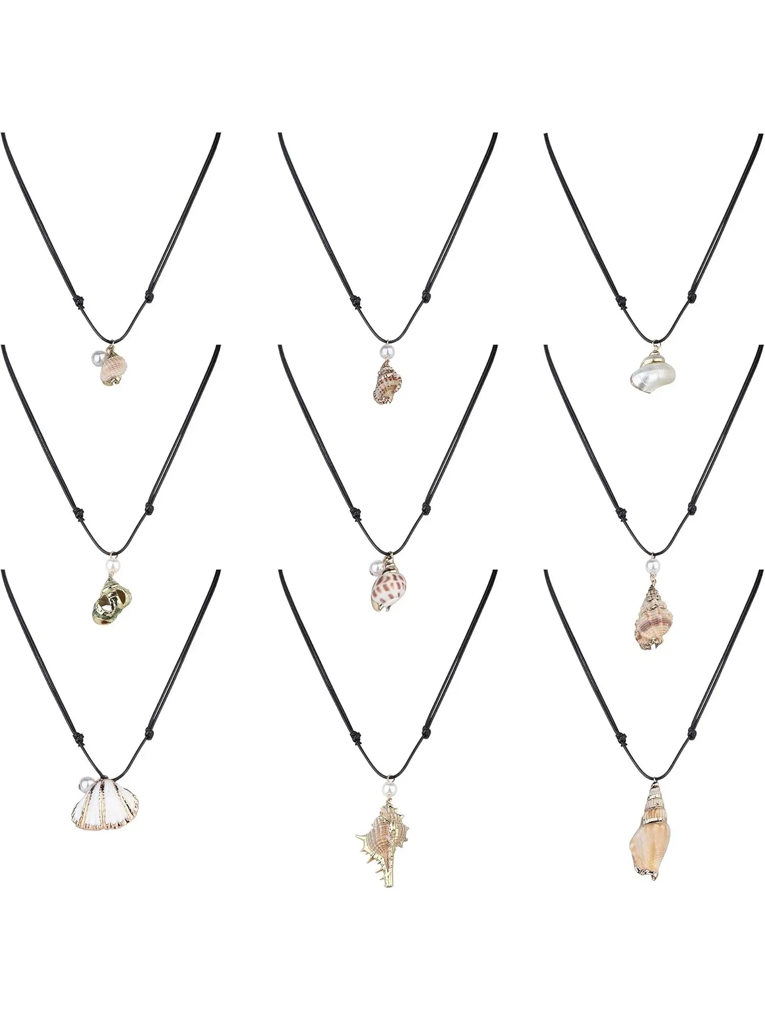 Natural 9 Pcs Trendy Leather Layered Sea Shell Pendant Necklaces for Women Men Adjustable Hawaiian Handmade Leather Shell Necklaces