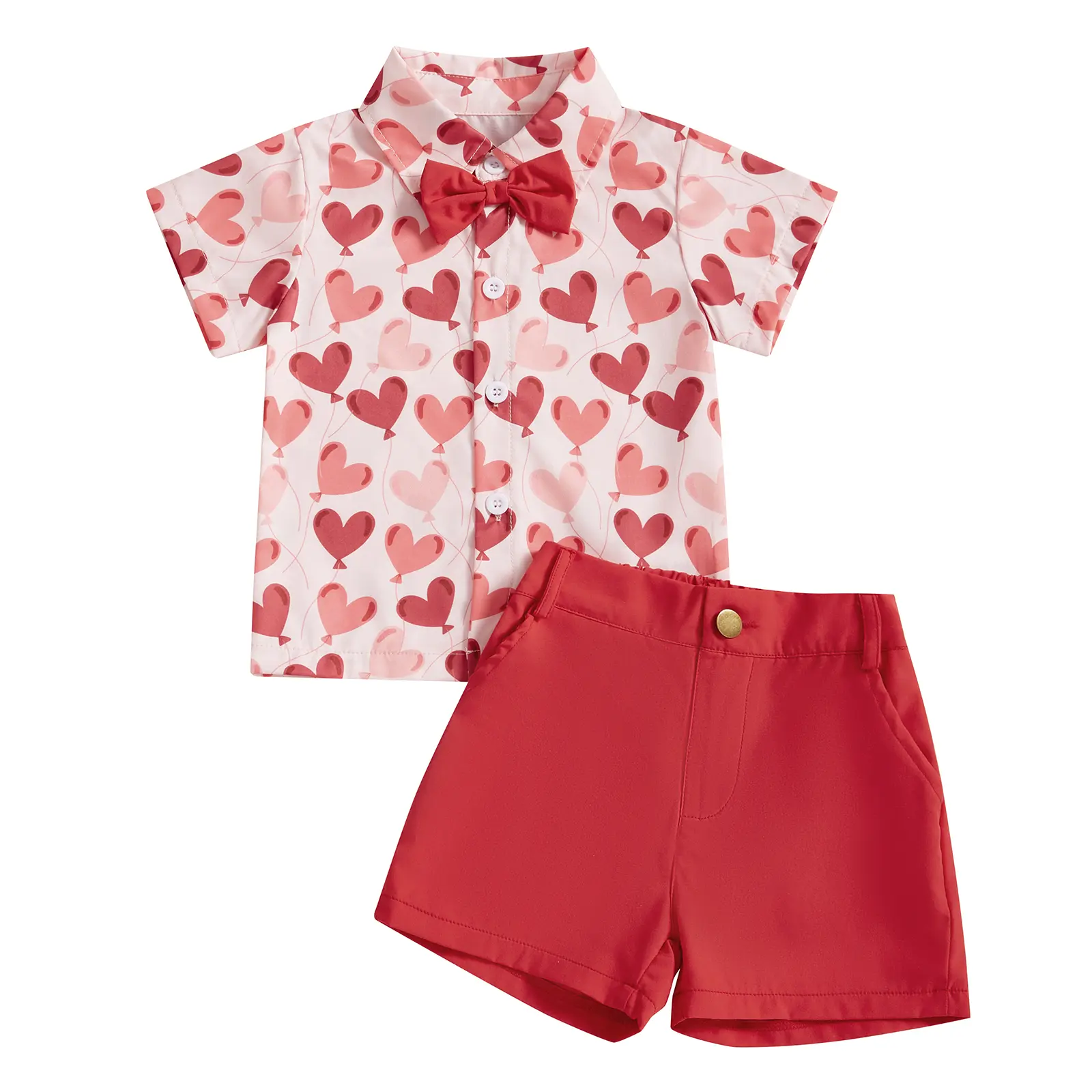 Toddler Baby Boy Valentine's Day Outfit Heart Print Short Sleeve Button Down Shirt with Bowtie and Red Shorts 2Pcs Gentleman Set