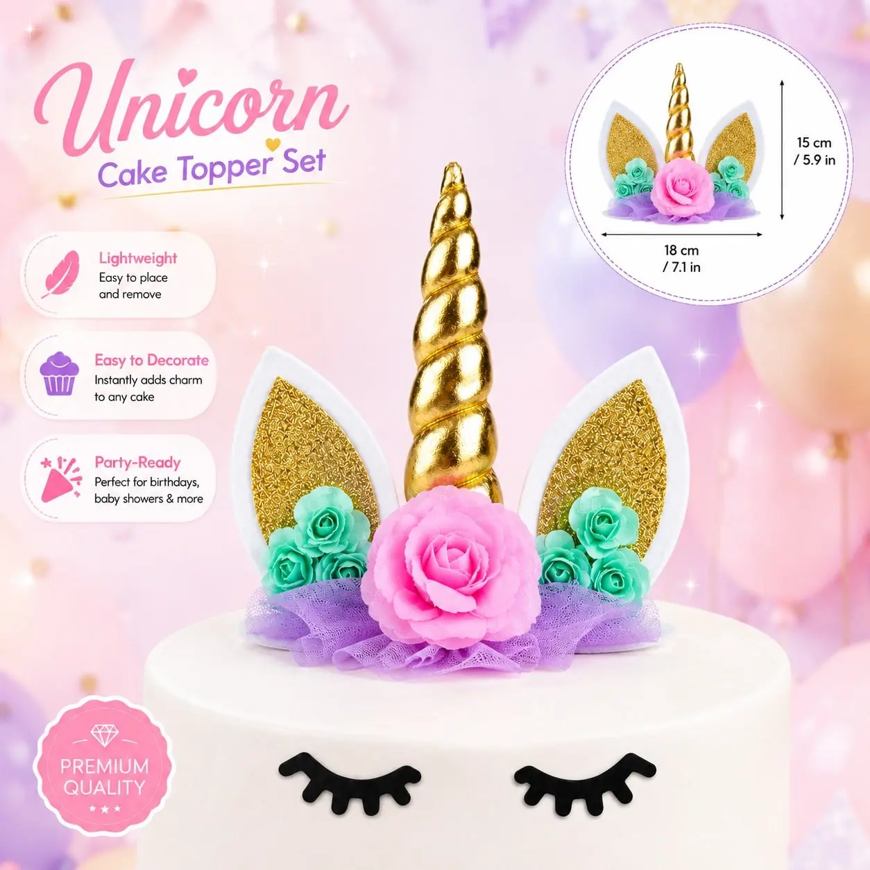 Cute Unicorn Cake Topper Set with Horn, Ears, Flowers & Eyelashes, Pastel Cake Decoration for Girls Birthday & Unicorn Theme Party