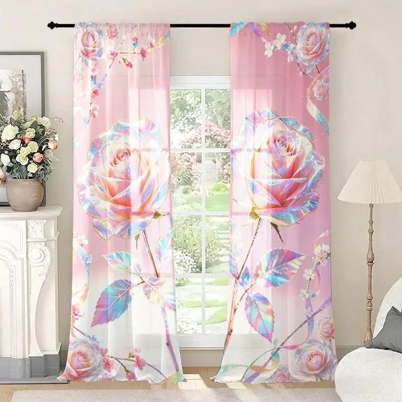 2pcs Holographic Rainbow Rose Curtains, Sheer Polyester Drapes, Rod Pocket, Fade Resistant, Hand &, Bedroom Decor