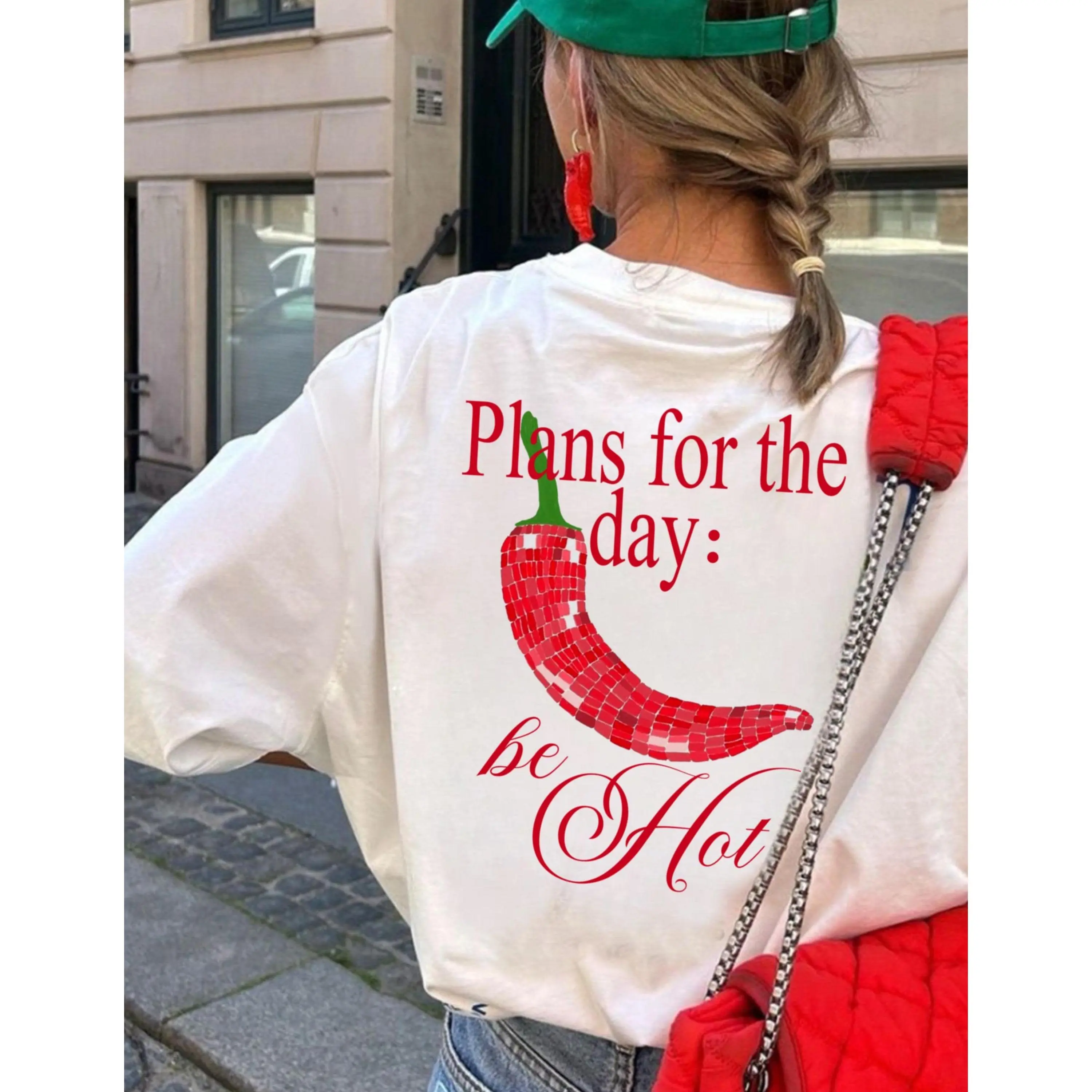 Women's Red Chili Pepper Funny Digital Print Oversized Crew Neck T-Shirt - Soft Cotton, Relaxed Unisex, Loose-Fitting, Premium Stitched Street Wear Casual Summer Top, Graphic Print, Machine Washable, Oversized Sleeves, Pull On, Short Sleeve, Round Neck