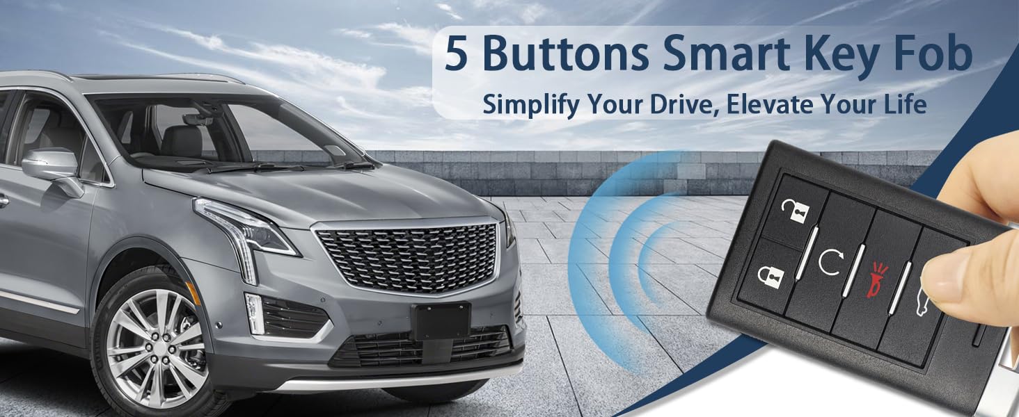 Smart Fob Replacement Fit for Cadillac SRX 2010-2015/ATS/XTS 2013-2014/ELR 2014-2015 22865375 20984227 13502537 NBG009768T 5-Button Remote with Keyless Entry & Remote Start