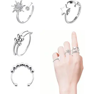 4PCS Fidget Rings for Women Adjustable Stress Relief Fidget Spinner Ring Stainless Steel Sun Moon Star Bead Rotatable Fidget Rings (Silver)fidget toys